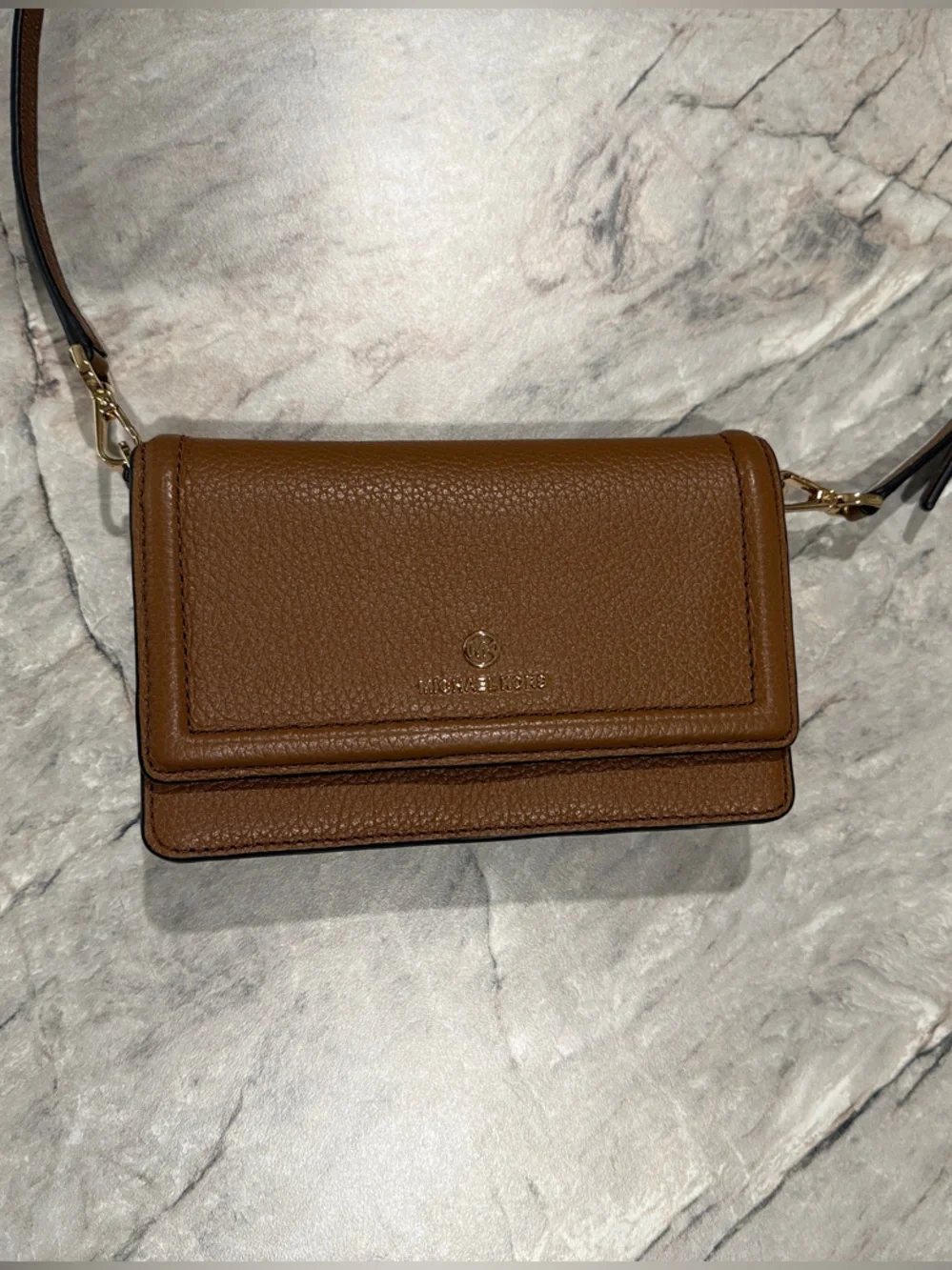 Michael Kors Brown Pebbled Leather Crossbody Wallet with Gold Hardware